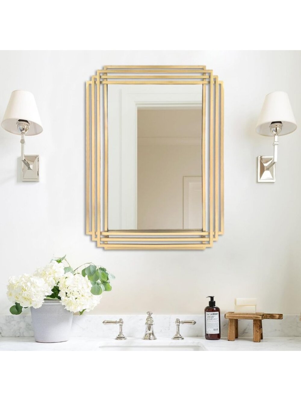 Stylish 24x18" Rectangle Decorative Mirror with Gold Geometric Frame Accent